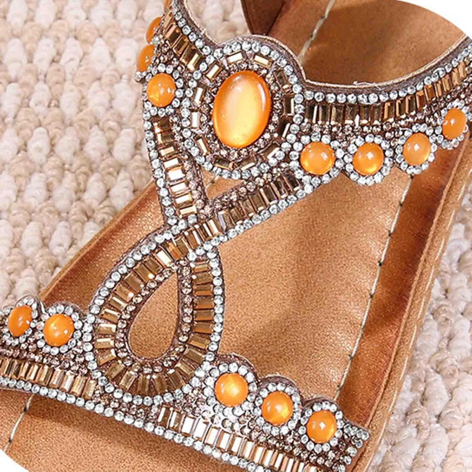 Women Rhinestone Sandals T-Strap Bohemian Pearl Crystal Flat Sandals Elastic Ankle Strap Summer Comfort Walking Shoes