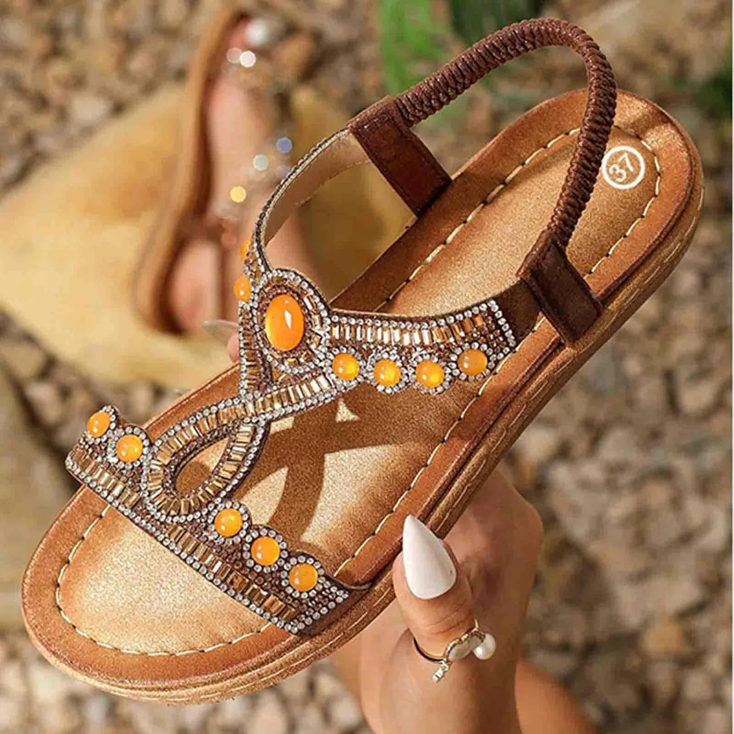 Women Rhinestone Sandals T-Strap Bohemian Pearl Crystal Flat Sandals Elastic Ankle Strap Summer Comfort Walking Shoes