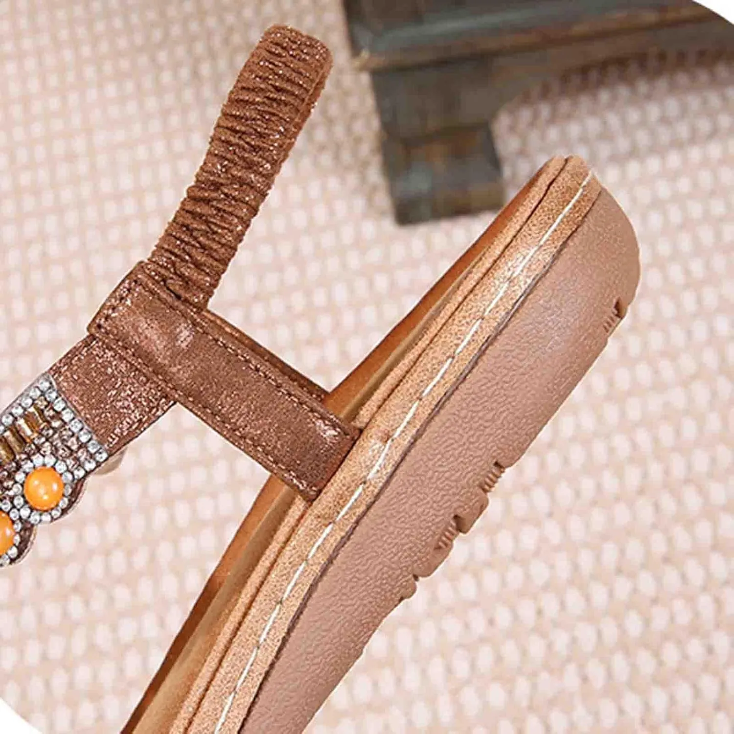 Women Rhinestone Sandals T-Strap Bohemian Pearl Crystal Flat Sandals Elastic Ankle Strap Summer Comfort Walking Shoes