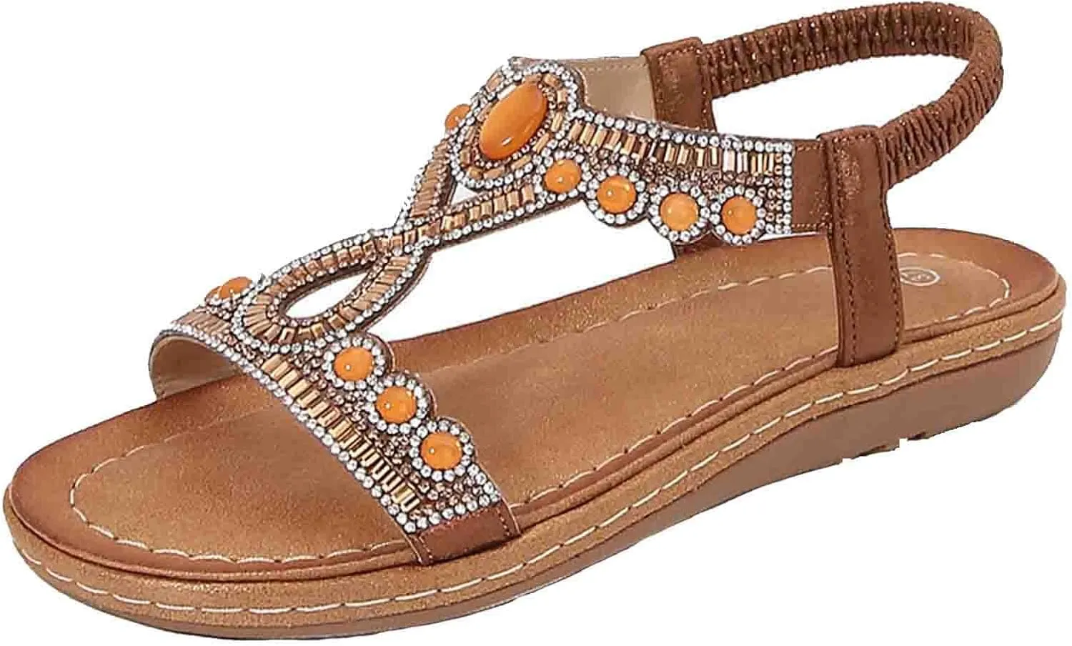 Women Rhinestone Sandals T-Strap Bohemian Pearl Crystal Flat Sandals Elastic Ankle Strap Summer Comfort Walking Shoes