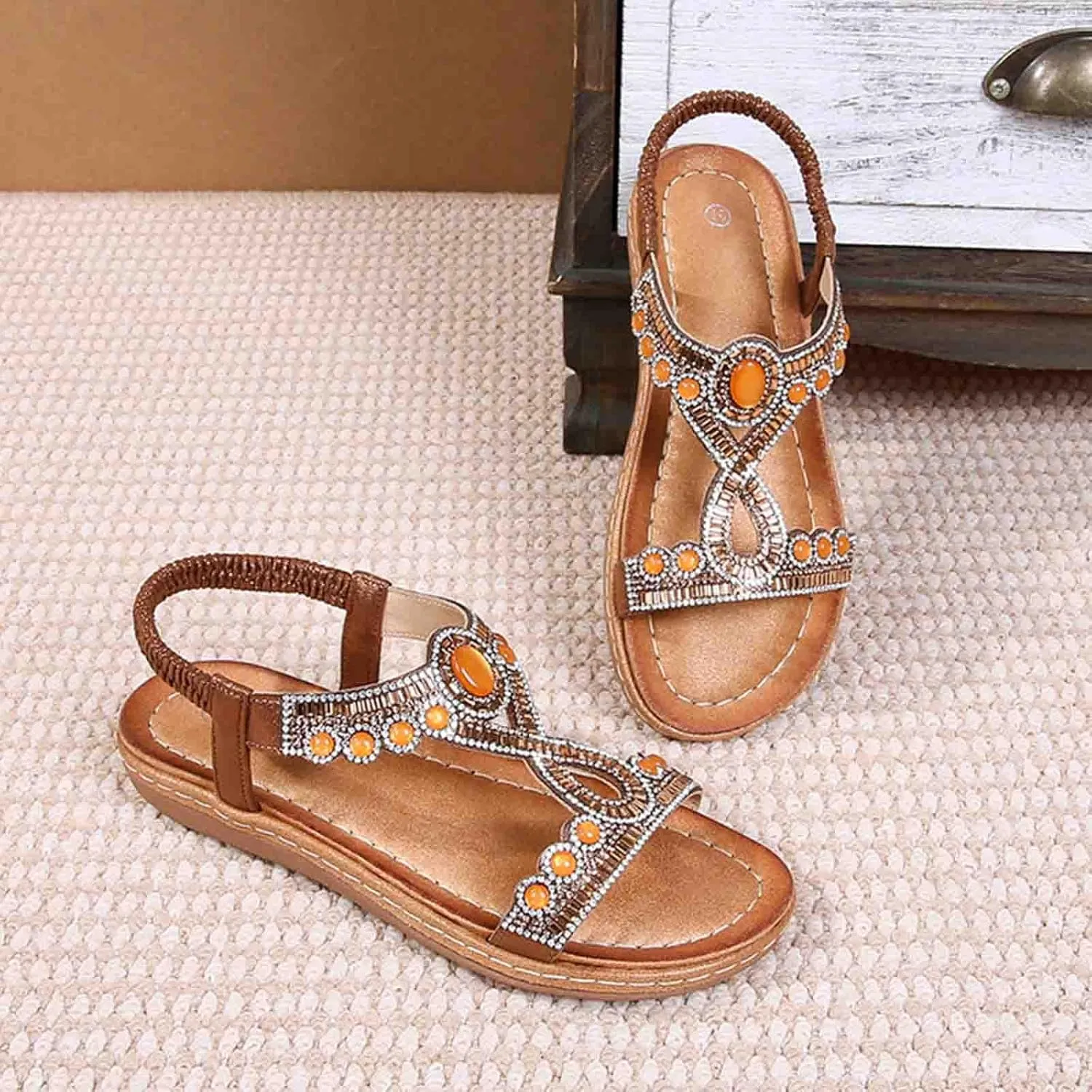Women Rhinestone Sandals T-Strap Bohemian Pearl Crystal Flat Sandals Elastic Ankle Strap Summer Comfort Walking Shoes