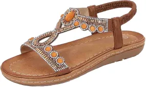 Women Rhinestone Sandals T-Strap Bohemian Pearl Crystal Flat Sandals Elastic Ankle Strap Summer Comfort Walking Shoes