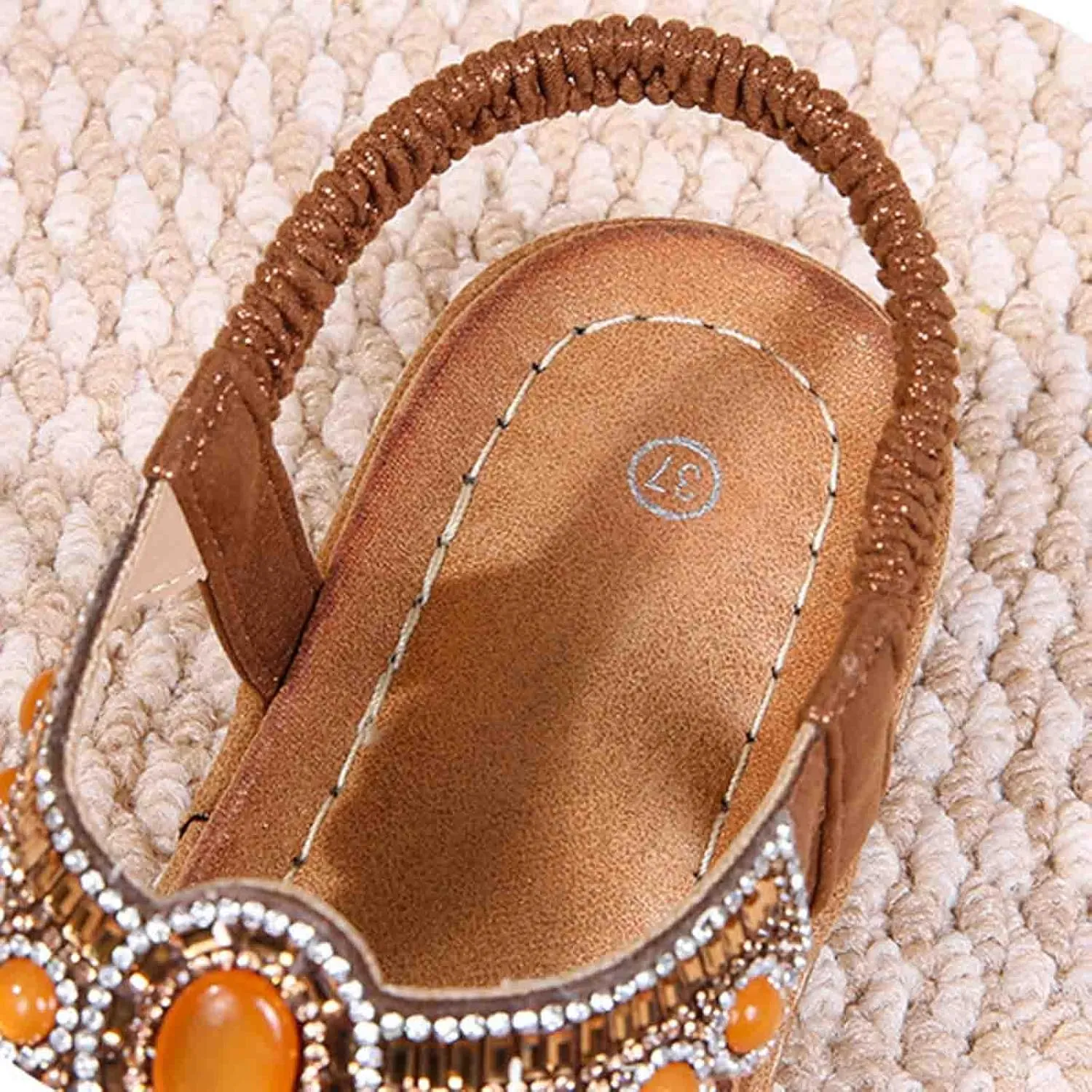 Women Rhinestone Sandals T-Strap Bohemian Pearl Crystal Flat Sandals Elastic Ankle Strap Summer Comfort Walking Shoes