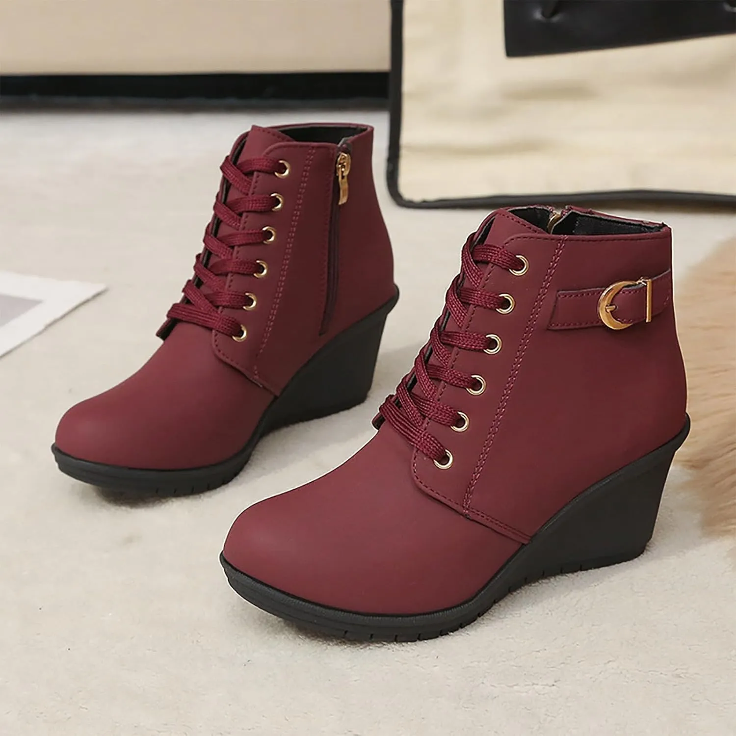 Womens Clasical Ankle Booties Lace-Up Zipper Breathable Lining Flat Ankle Combat Boots Crown Vintage Boots Shoes