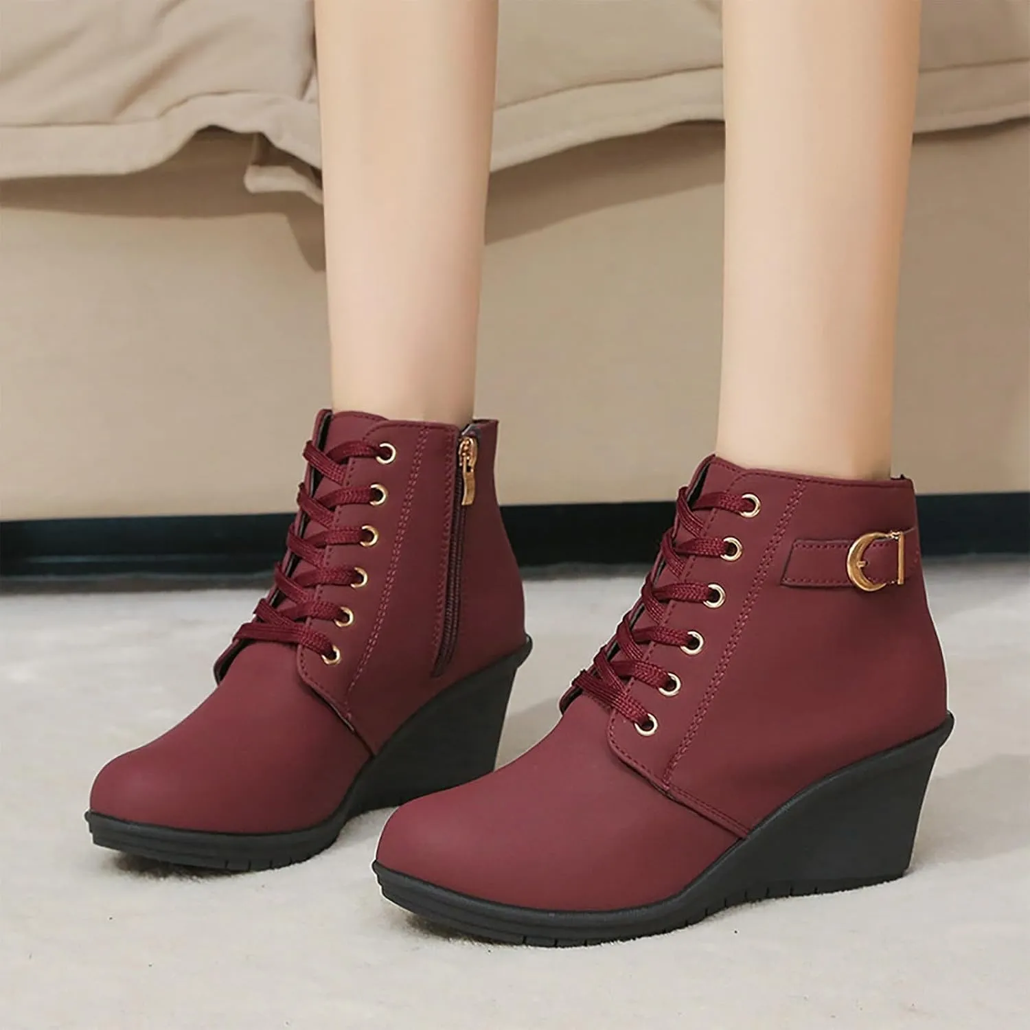 Womens Clasical Ankle Booties Lace-Up Zipper Breathable Lining Flat Ankle Combat Boots Crown Vintage Boots Shoes