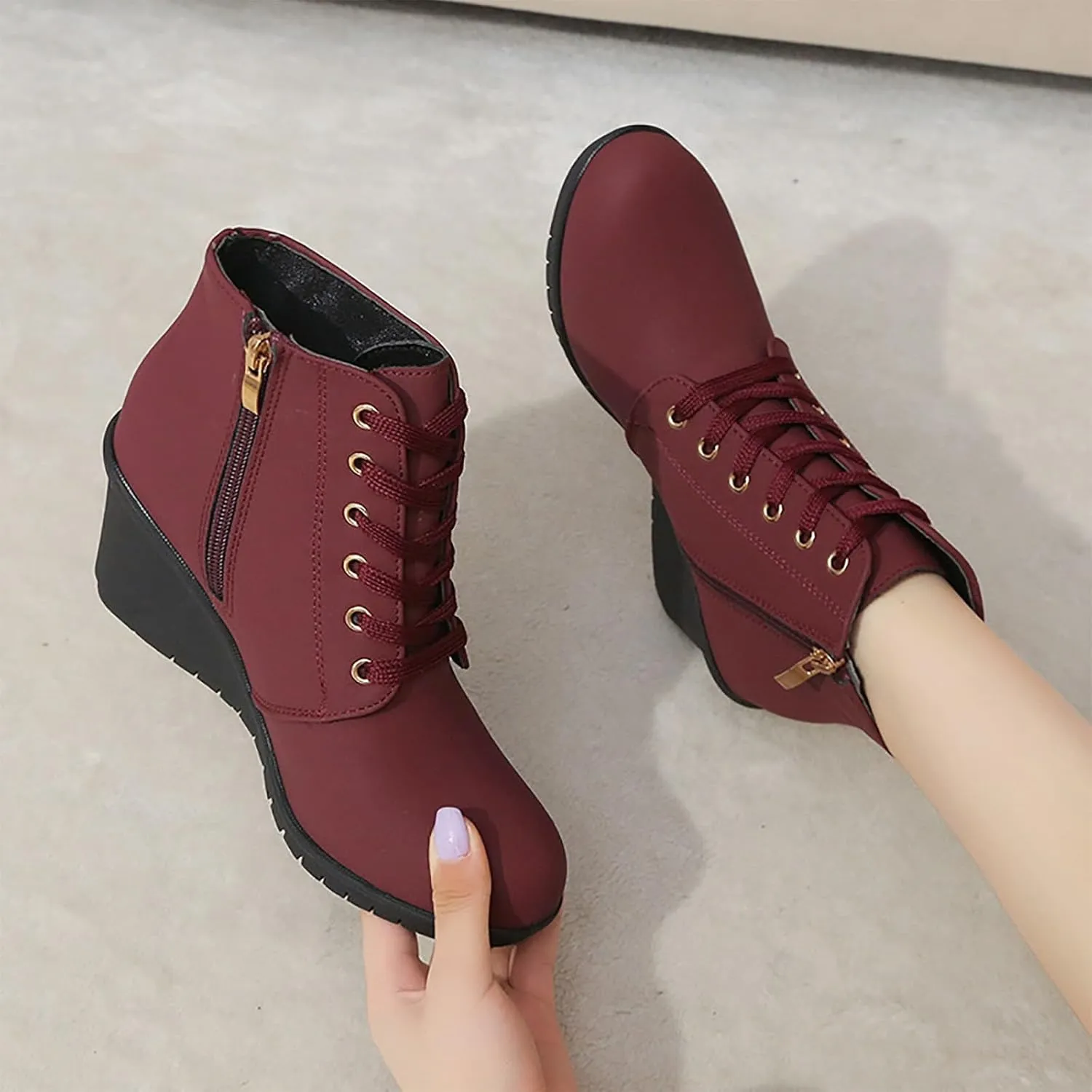 Womens Clasical Ankle Booties Lace-Up Zipper Breathable Lining Flat Ankle Combat Boots Crown Vintage Boots Shoes