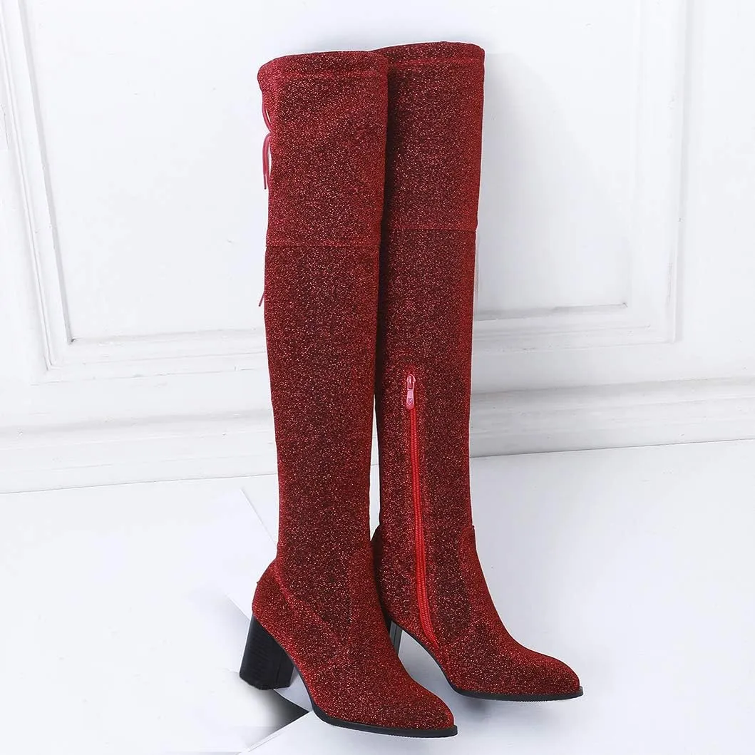 Womens Glitter Thigh High Stretch Over The Knee Chunky Heel Boots