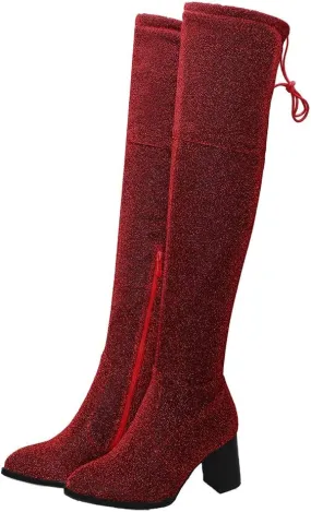 Womens Glitter Thigh High Stretch Over The Knee Chunky Heel Boots