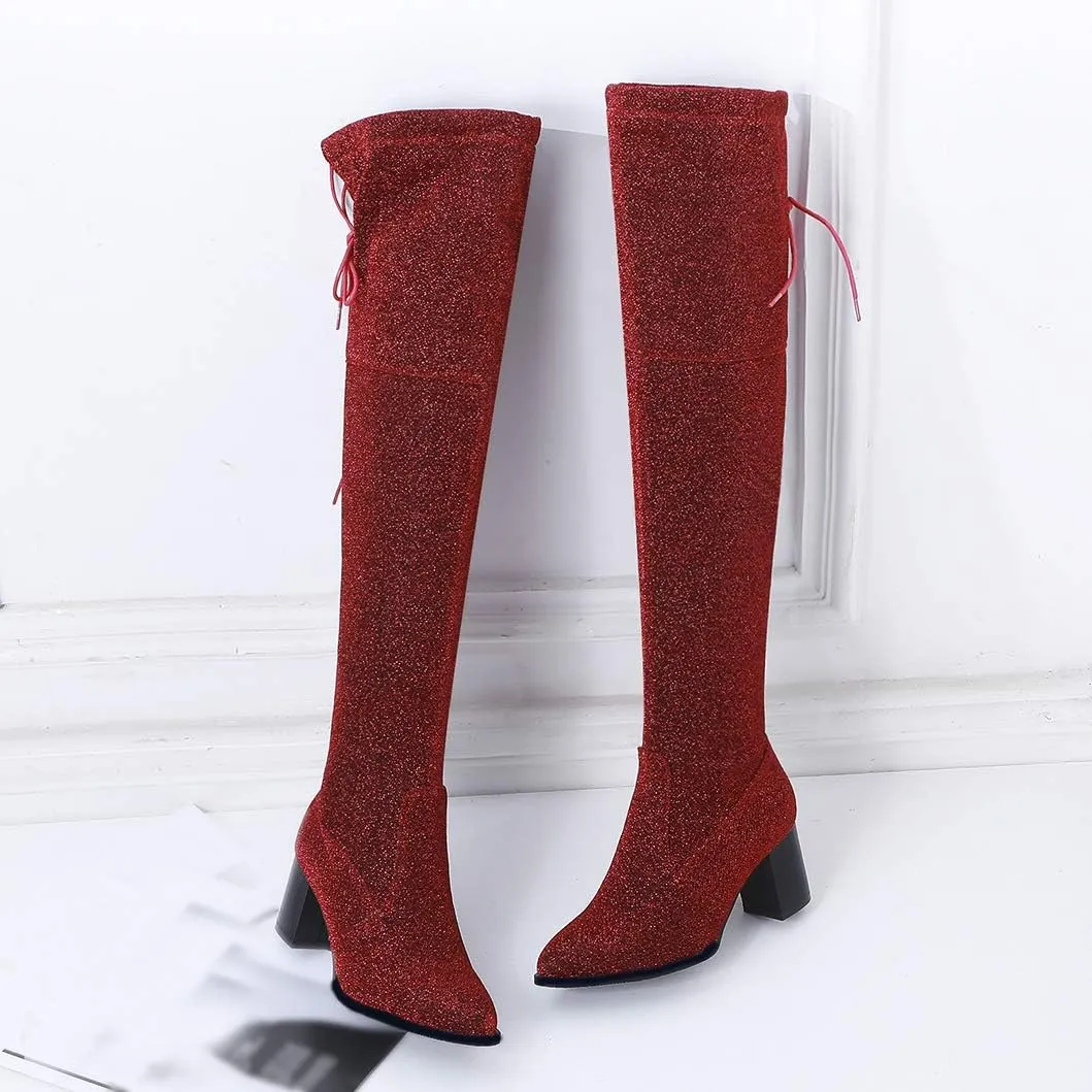 Womens Glitter Thigh High Stretch Over The Knee Chunky Heel Boots