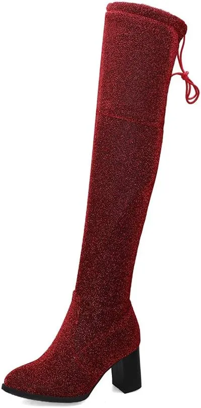 Womens Glitter Thigh High Stretch Over The Knee Chunky Heel Boots
