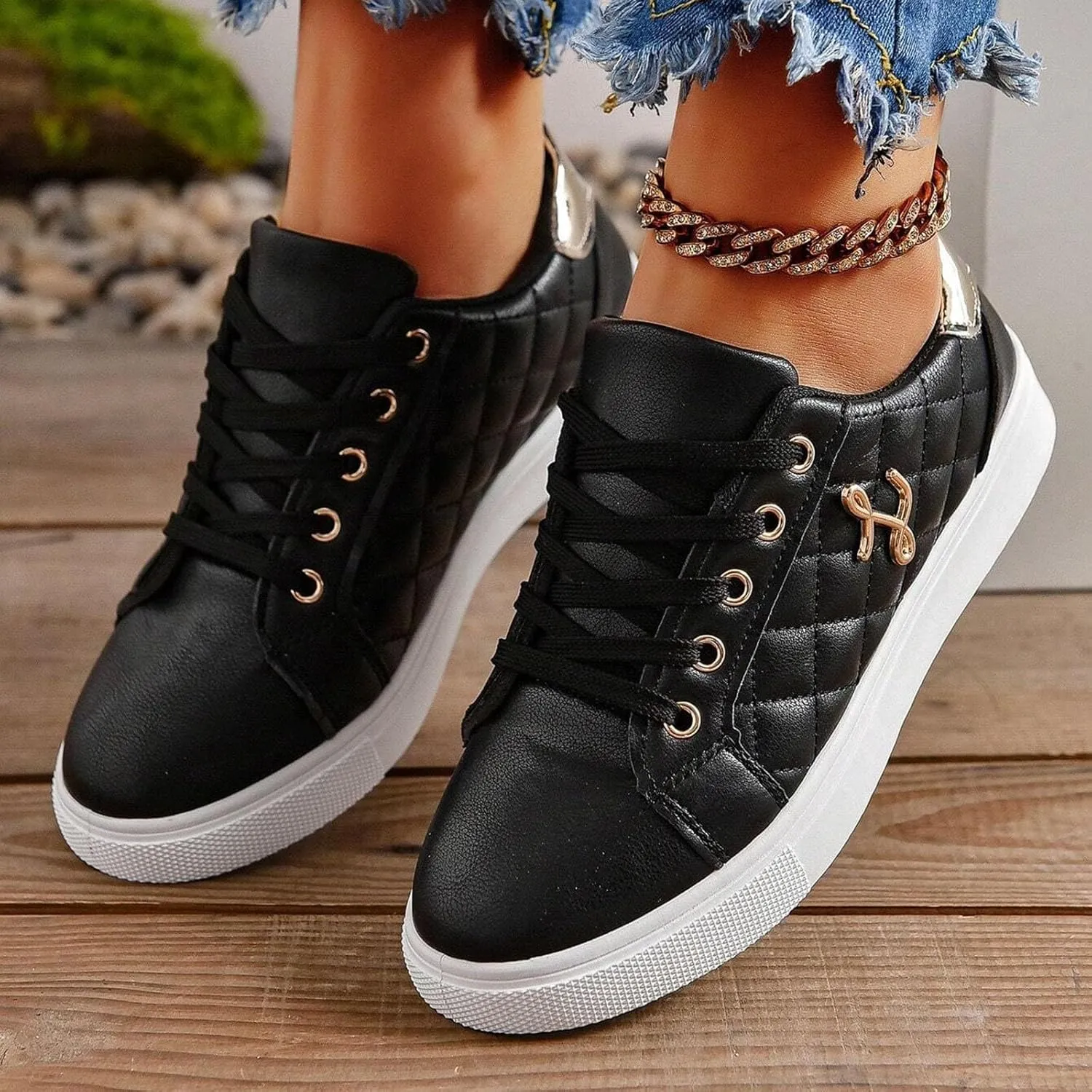 Women's Sneakers 2025 Fashion Round Toe Comfortable Lace Up Metal Decor Flats Breathable Padded Insole Low-Top Classic Platform Orthopedic Slip on Soft Tennis Shoes for Running Walking Sports
