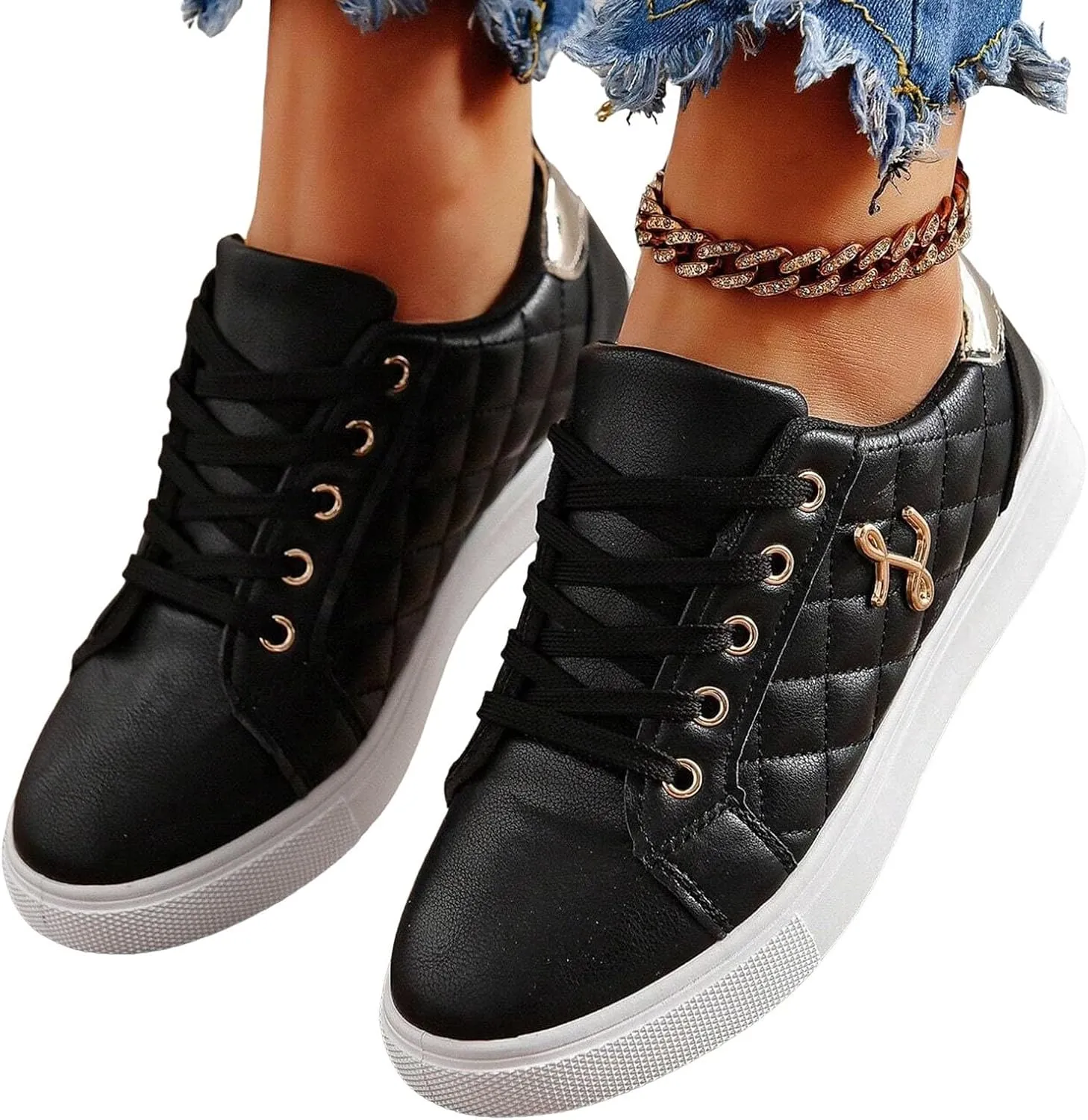 Women's Sneakers 2025 Fashion Round Toe Comfortable Lace Up Metal Decor Flats Breathable Padded Insole Low-Top Classic Platform Orthopedic Slip on Soft Tennis Shoes for Running Walking Sports