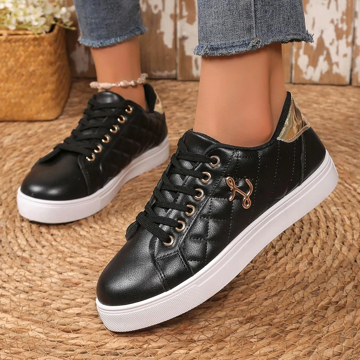 Women's Sneakers 2025 Fashion Round Toe Comfortable Lace Up Metal Decor Flats Breathable Padded Insole Low-Top Classic Platform Orthopedic Slip on Soft Tennis Shoes for Running Walking Sports