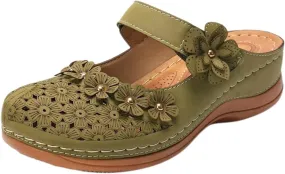 Womens Wedge Mules Comfortable Slip On for Summer Dressy or Casual Use PU Leather Closed Toe with Adjustable Hook Loop