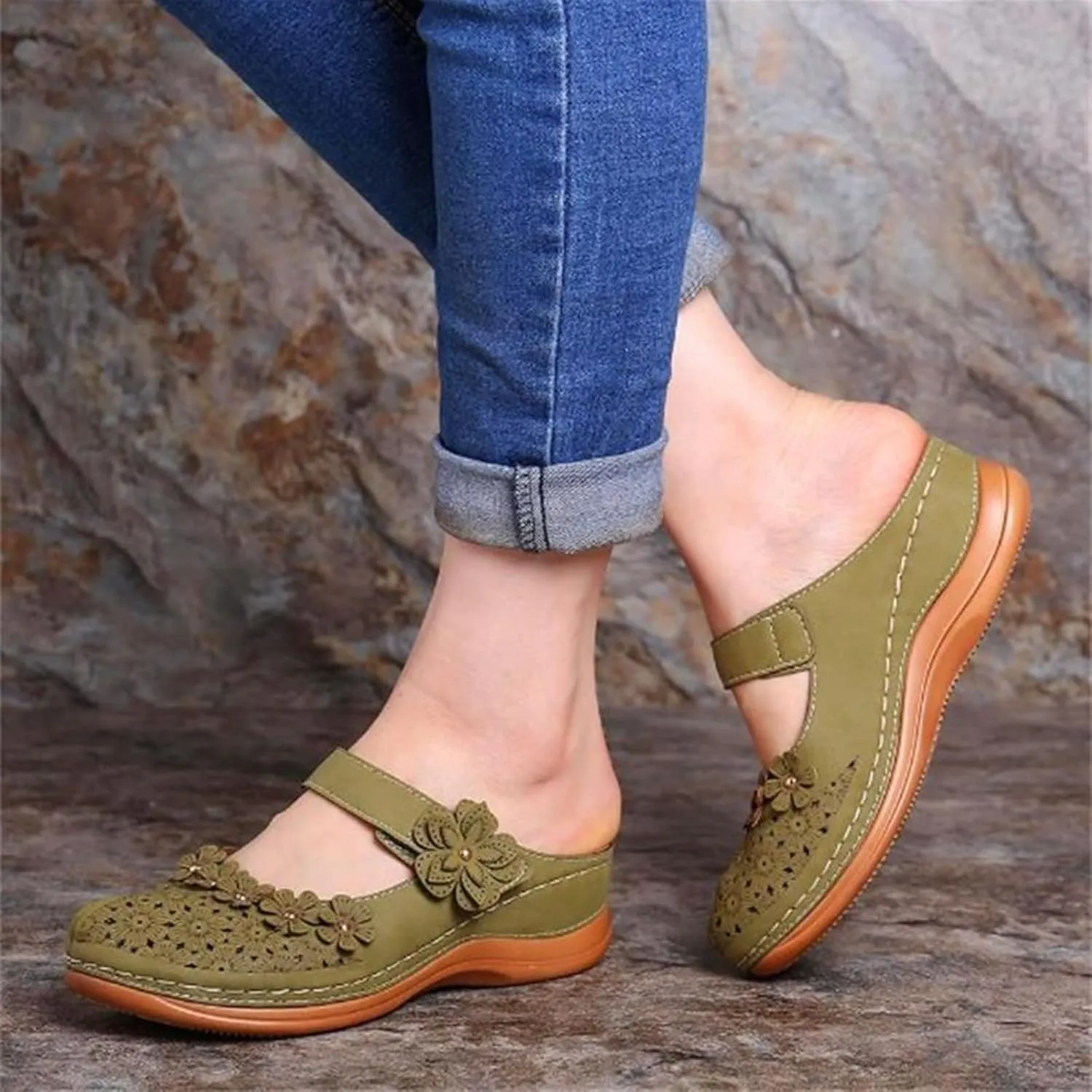 Womens Wedge Mules Comfortable Slip On for Summer Dressy or Casual Use PU Leather Closed Toe with Adjustable Hook Loop