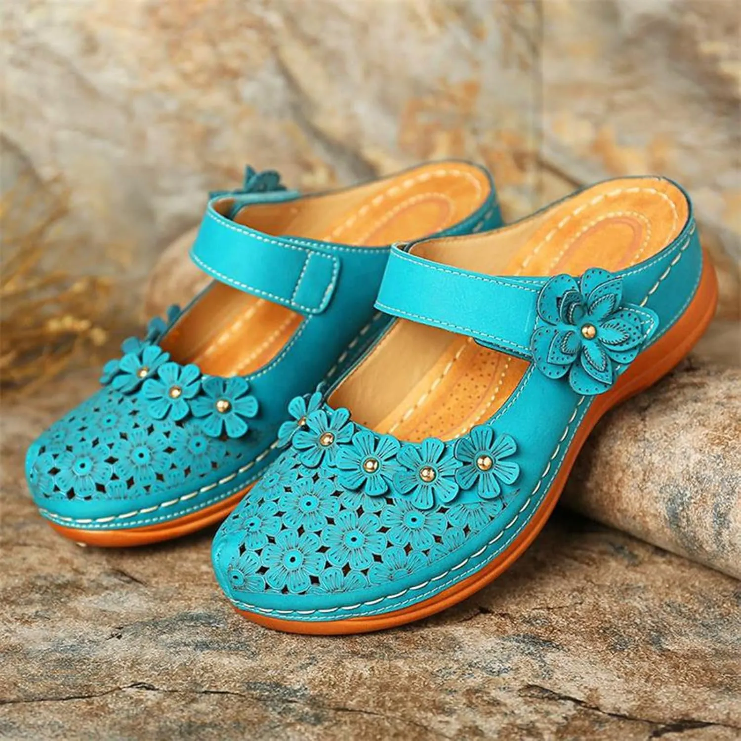 Womens Wedge Mules Comfortable Slip On for Summer Dressy or Casual Use PU Leather Closed Toe with Adjustable Hook Loop