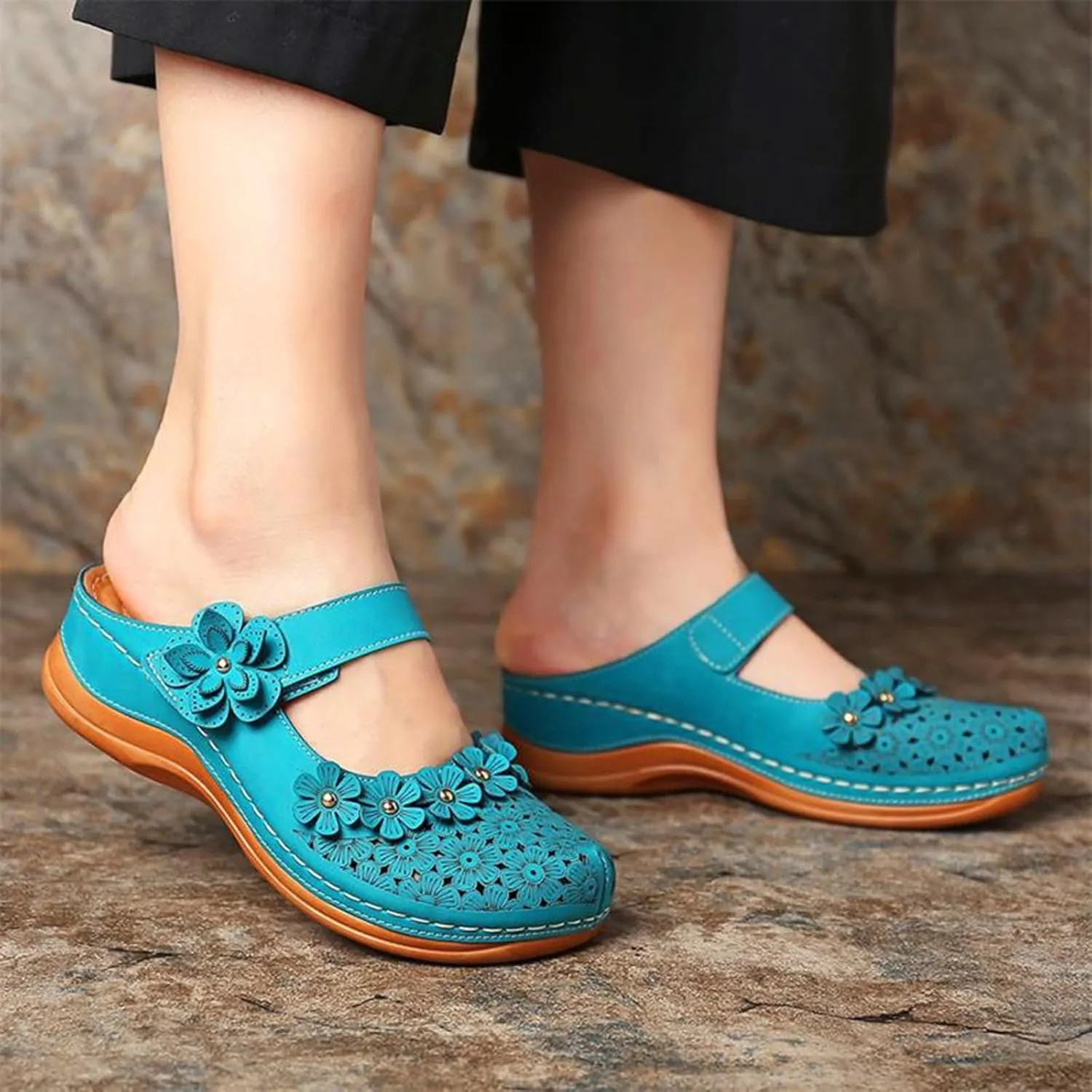 Womens Wedge Mules Comfortable Slip On for Summer Dressy or Casual Use PU Leather Closed Toe with Adjustable Hook Loop