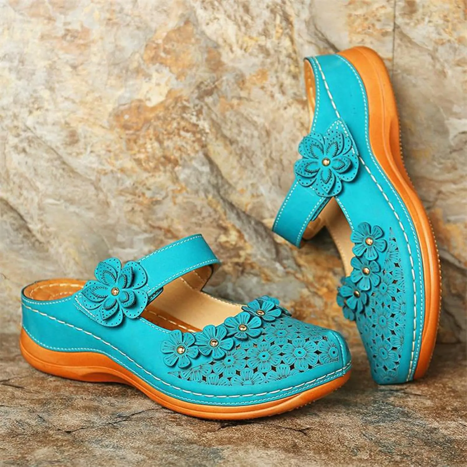 Womens Wedge Mules Comfortable Slip On for Summer Dressy or Casual Use PU Leather Closed Toe with Adjustable Hook Loop