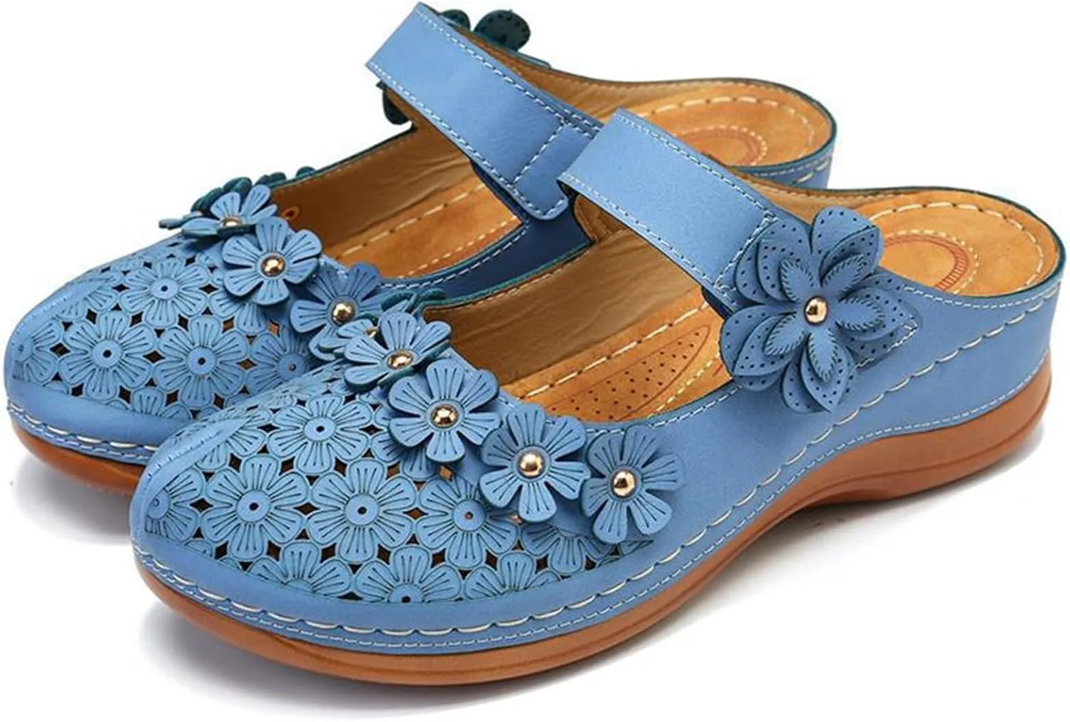 Womens Wedge Mules Comfortable Slip On for Summer Dressy or Casual Use PU Leather Closed Toe with Adjustable Hook Loop
