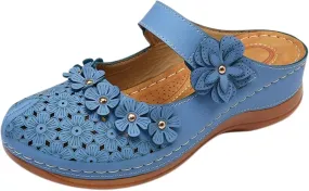 Womens Wedge Mules Comfortable Slip On for Summer Dressy or Casual Use PU Leather Closed Toe with Adjustable Hook Loop