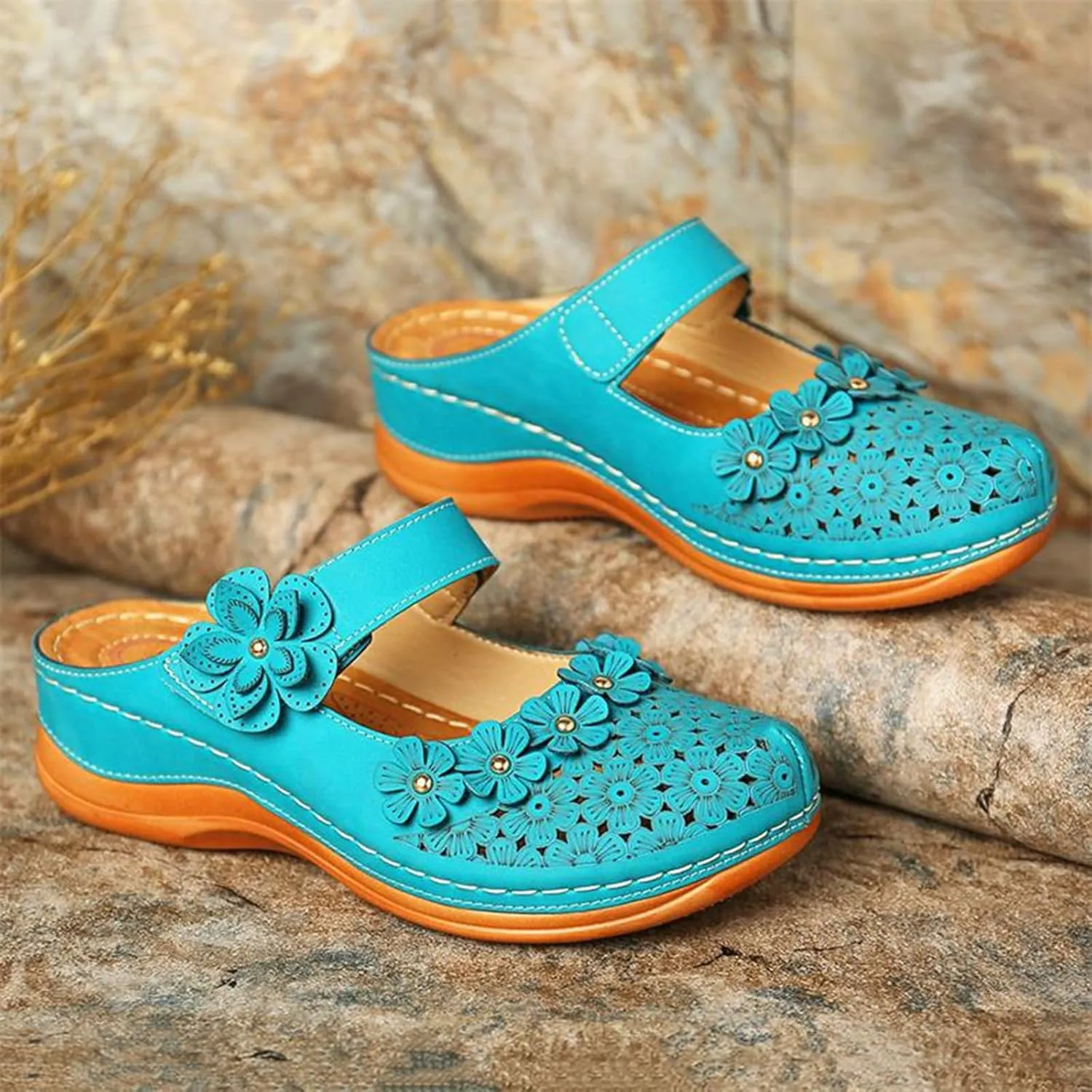 Womens Wedge Mules Comfortable Slip On for Summer Dressy or Casual Use PU Leather Closed Toe with Adjustable Hook Loop