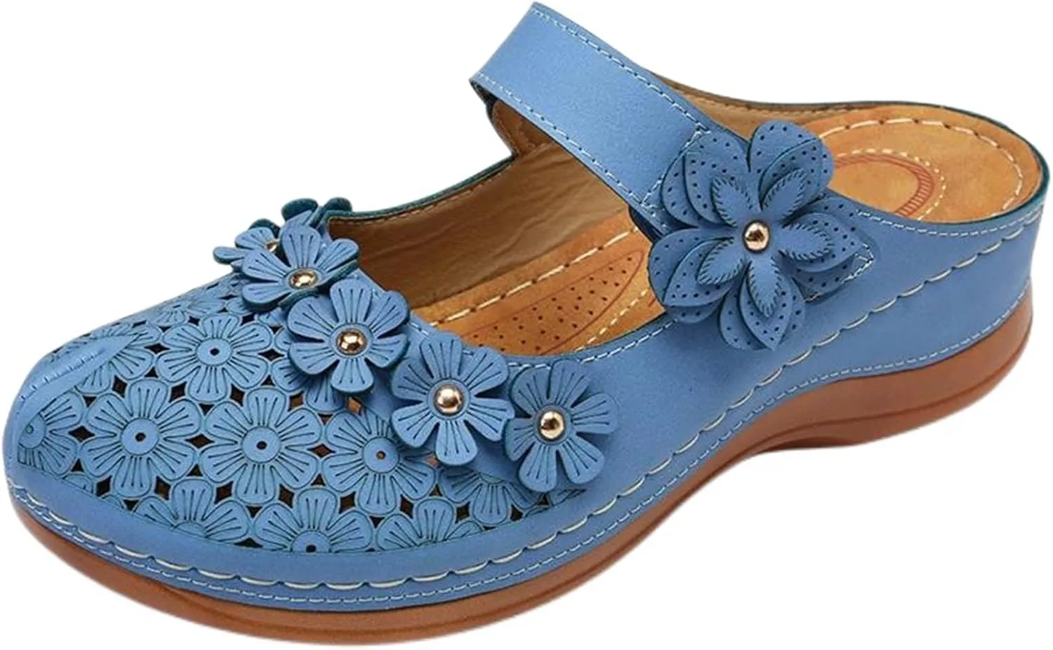 Womens Wedge Mules Comfortable Slip On for Summer Dressy or Casual Use PU Leather Closed Toe with Adjustable Hook Loop