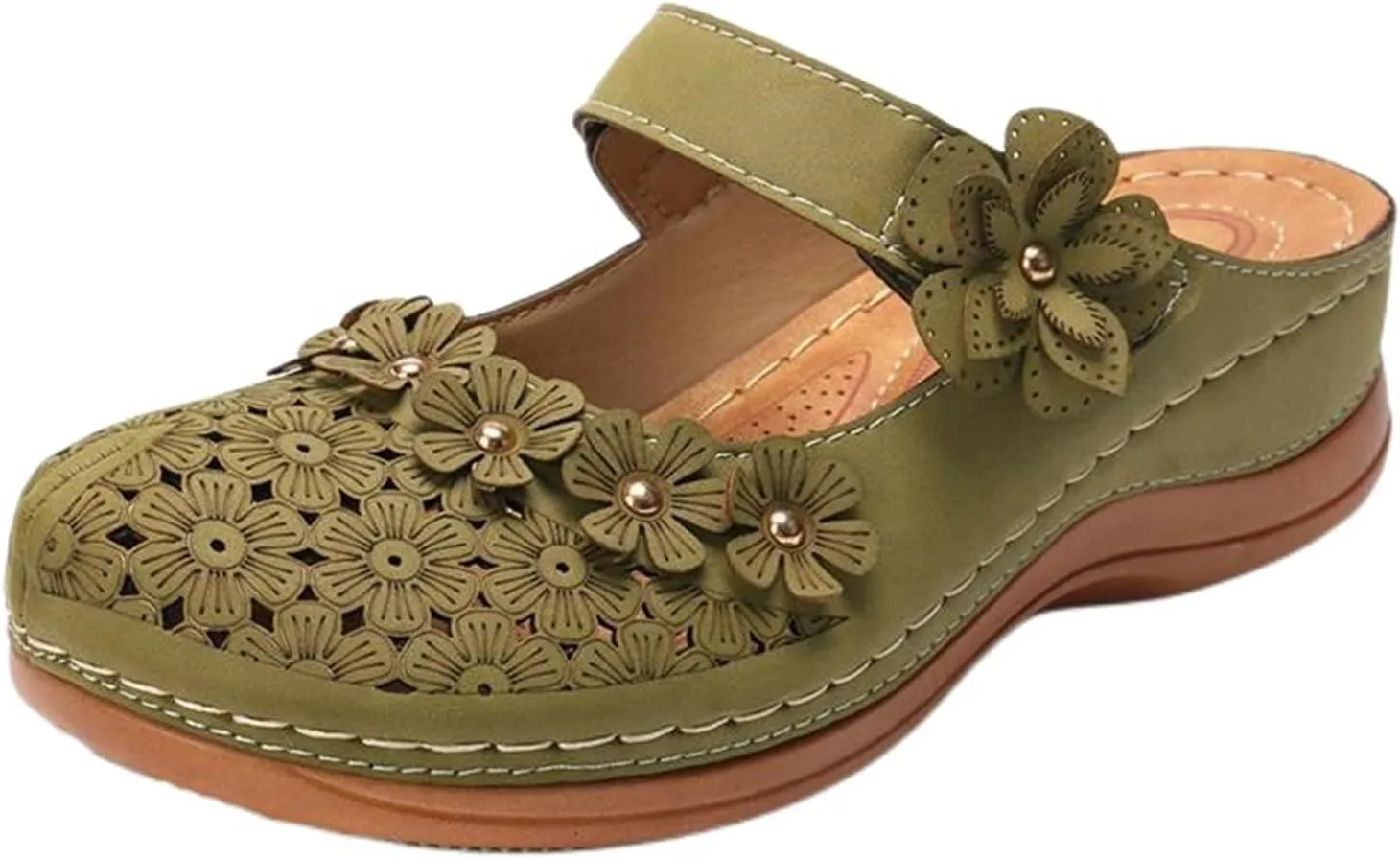 Womens Wedge Mules Comfortable Slip On for Summer Dressy or Casual Use PU Leather Closed Toe with Adjustable Hook Loop