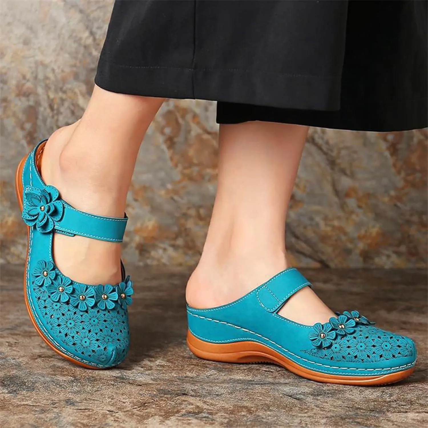 Womens Wedge Mules Comfortable Slip On for Summer Dressy or Casual Use PU Leather Closed Toe with Adjustable Hook Loop