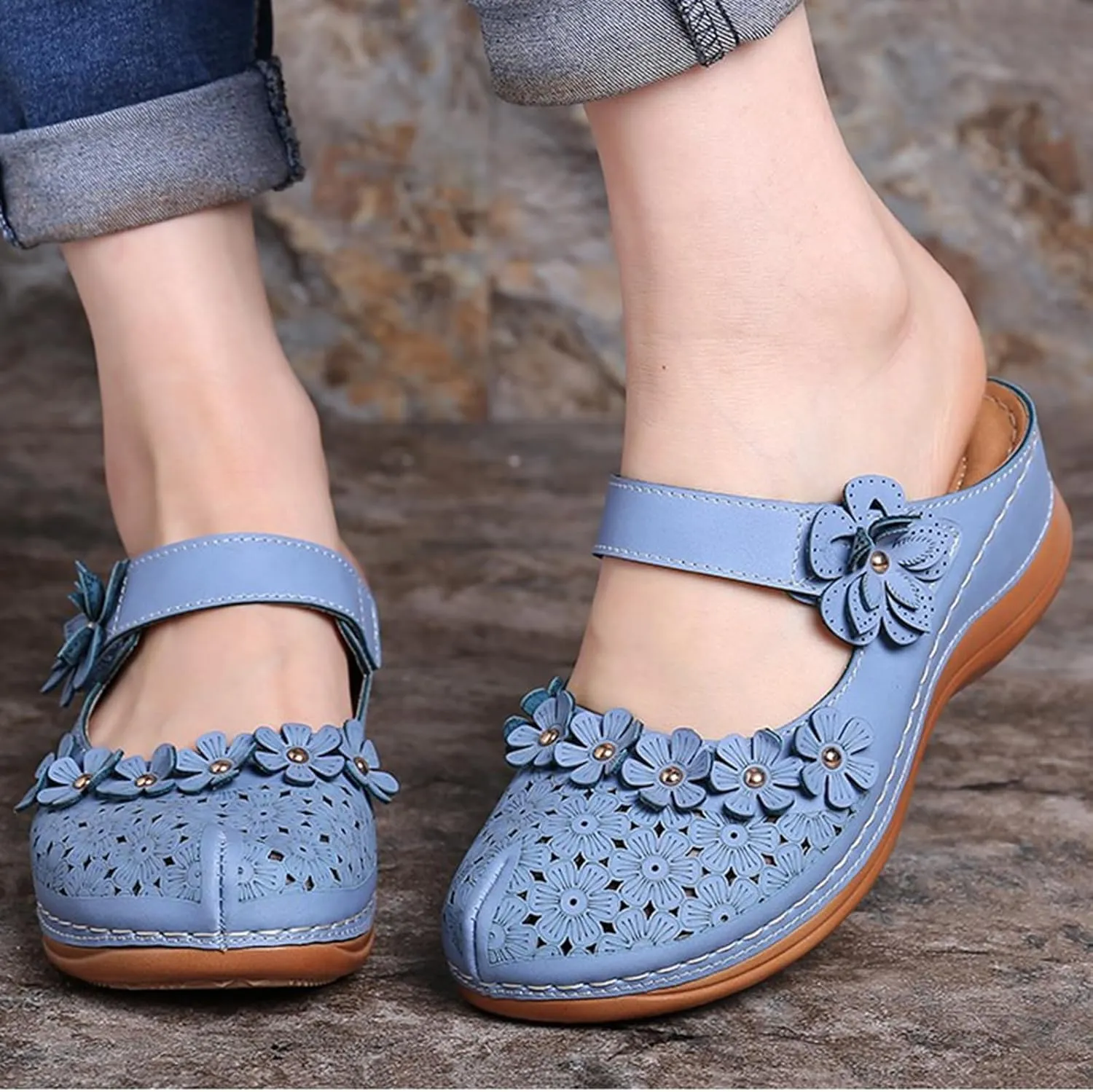 Womens Wedge Mules Comfortable Slip On for Summer Dressy or Casual Use PU Leather Closed Toe with Adjustable Hook Loop