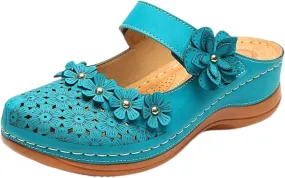 Womens Wedge Mules Comfortable Slip On for Summer Dressy or Casual Use PU Leather Closed Toe with Adjustable Hook Loop