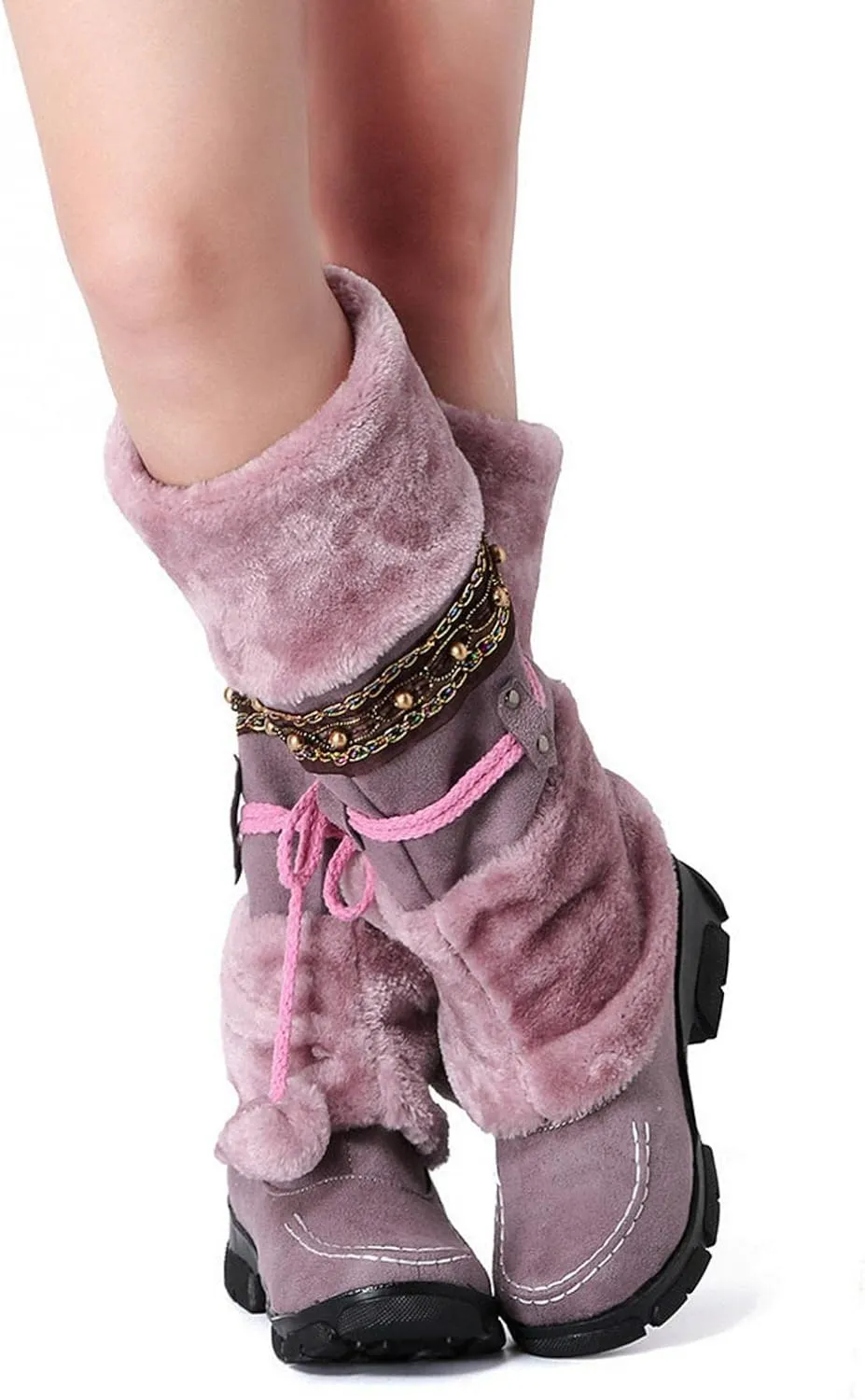 Womens winter snow boots Short Mid Calf fashion boot Faux Fur Plush Suede Pompom Lace-up Zipper Cute Comfy Booties