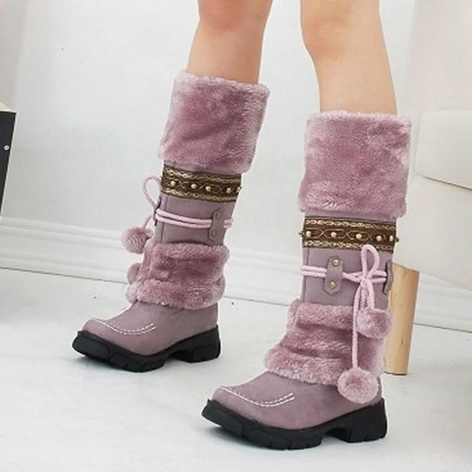 Womens winter snow boots Short Mid Calf fashion boot Faux Fur Plush Suede Pompom Lace-up Zipper Cute Comfy Booties