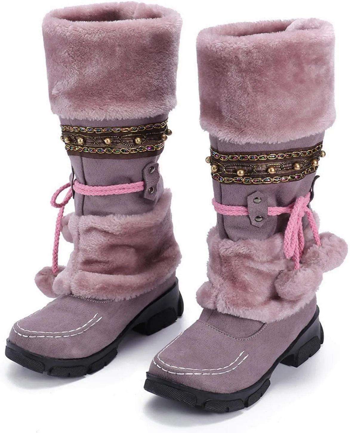 Womens winter snow boots Short Mid Calf fashion boot Faux Fur Plush Suede Pompom Lace-up Zipper Cute Comfy Booties