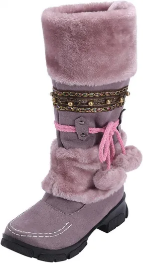 Womens winter snow boots Short Mid Calf fashion boot Faux Fur Plush Suede Pompom Lace-up Zipper Cute Comfy Booties